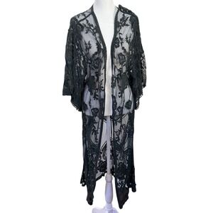 Origami by Vivien Black Sheer Floral Lace Kimono Cardigan‎ Duster Boho L
